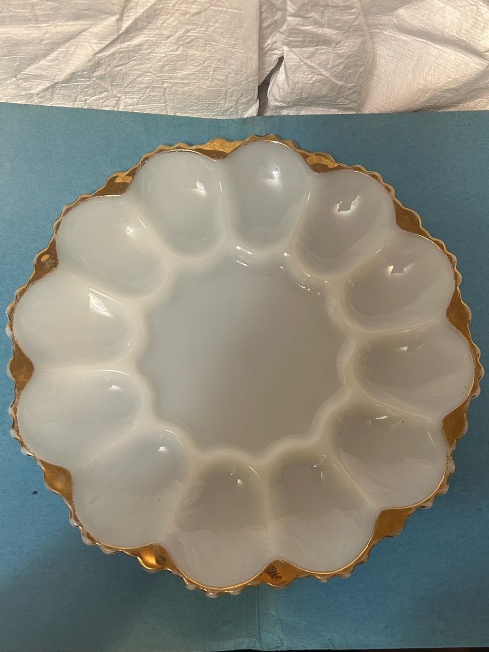 Vintage Anchor Hocking White Milk Glass Deviled Egg Platter with gold rim